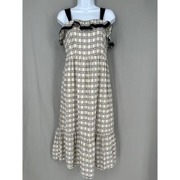 Loft Dress Womens 2 Cream Plaid Midi Black Ruffle Tiered Beige Cottagecore Boho - Picture 1 of 9